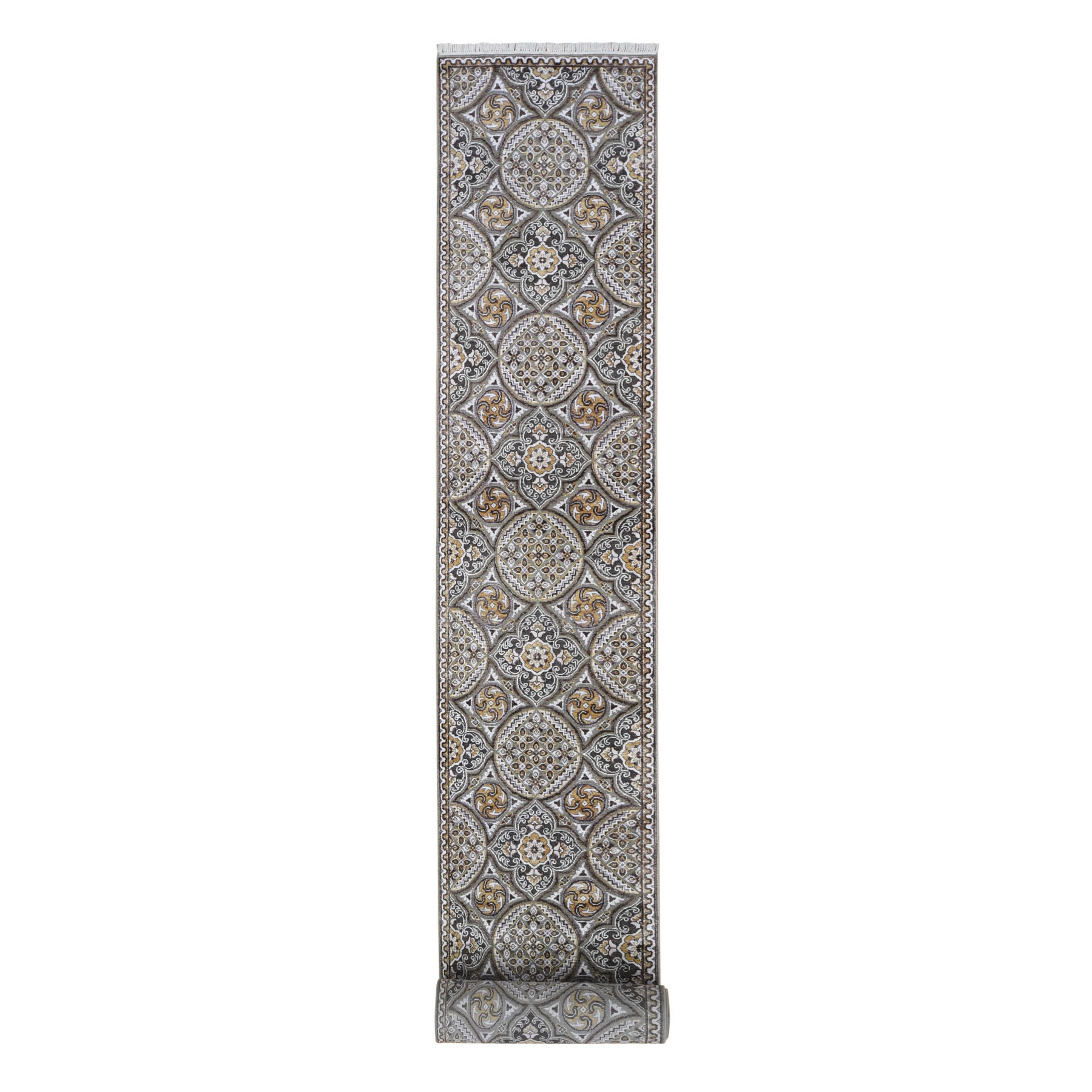 2'6"x22'2" Brown and Gray Textured Wool and Silk Mughal Inspired Medallions Design XL Runner Oriental Rug 
